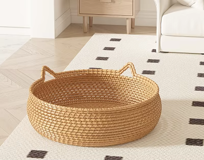 Handwoven Rattan Basket With Cat Ear Handles For Home 3d model