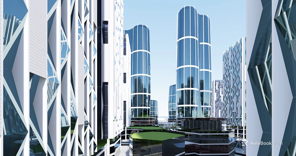 Modern High Rise Office Buildings With Glass Facade And Urban Green Courtyard 3d model 