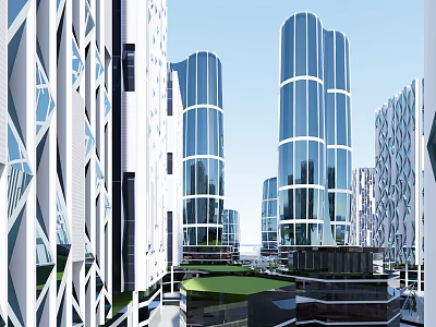 Modern High Rise Office Buildings With Glass Facade And Urban Green Courtyard 3d model