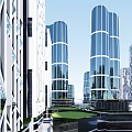Modern High Rise Office Buildings With Glass Facade And Urban Green Courtyard