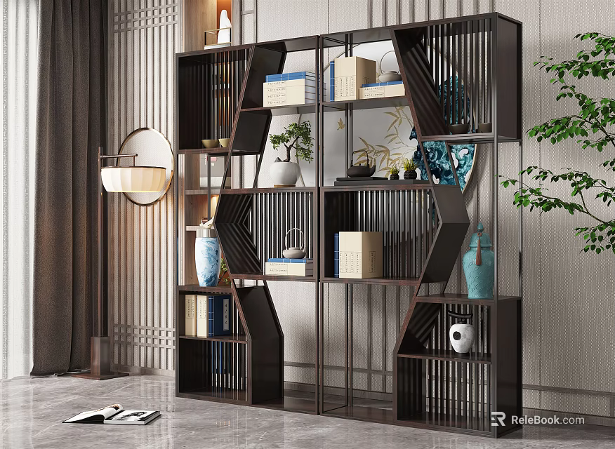 Chinese Style Wooden Etagere With Geometric Lattice Design Displaying Ceramic Vases And Books 3d model 