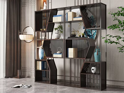 Chinese Style Wooden Etagere With Geometric Lattice Design Displaying Ceramic Vases And Books 3d model