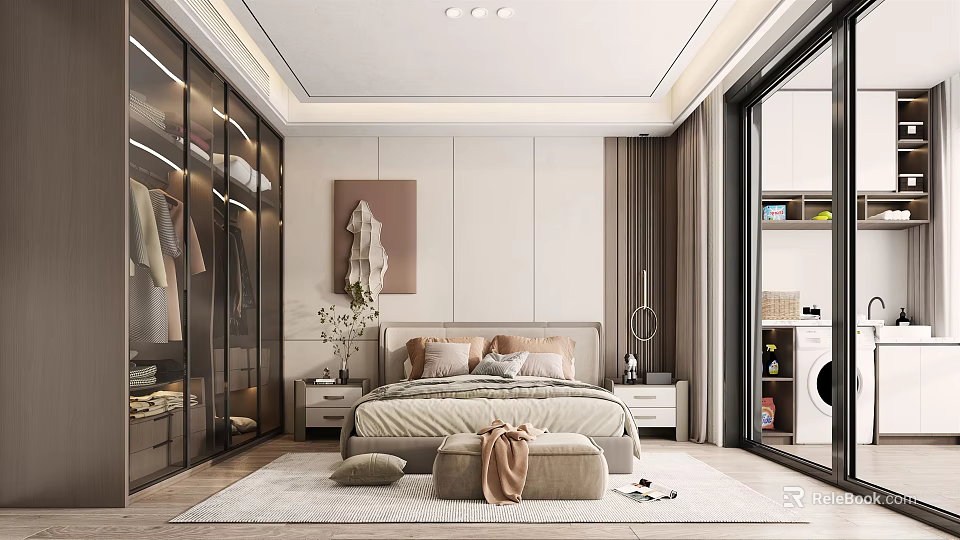 Modern Minimalist Bedroom Interior With Large Glass Wardrobe King Bed And Floor To Ceiling Windows 3d model 