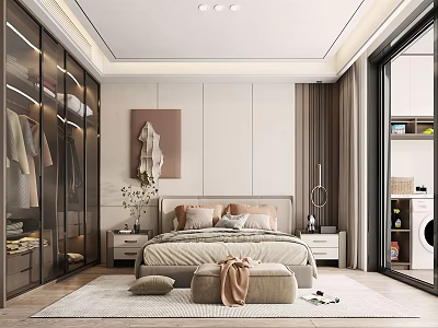 Modern Minimalist Bedroom Interior With Large Glass Wardrobe King Bed And Floor To Ceiling Windows 3d model