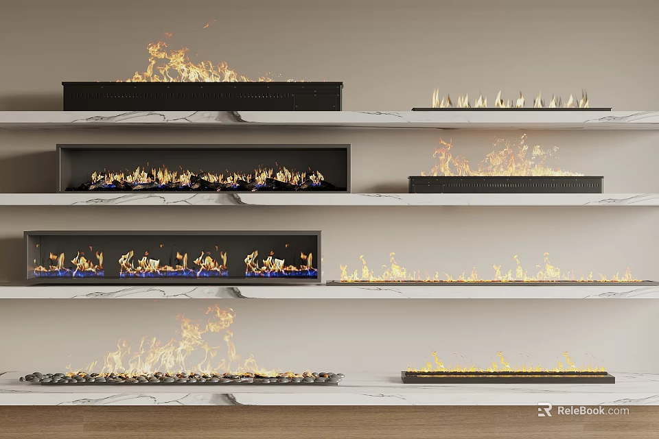 Modern Fireplace Designs With Various Burning Flames And Decorative Styles 3d model 