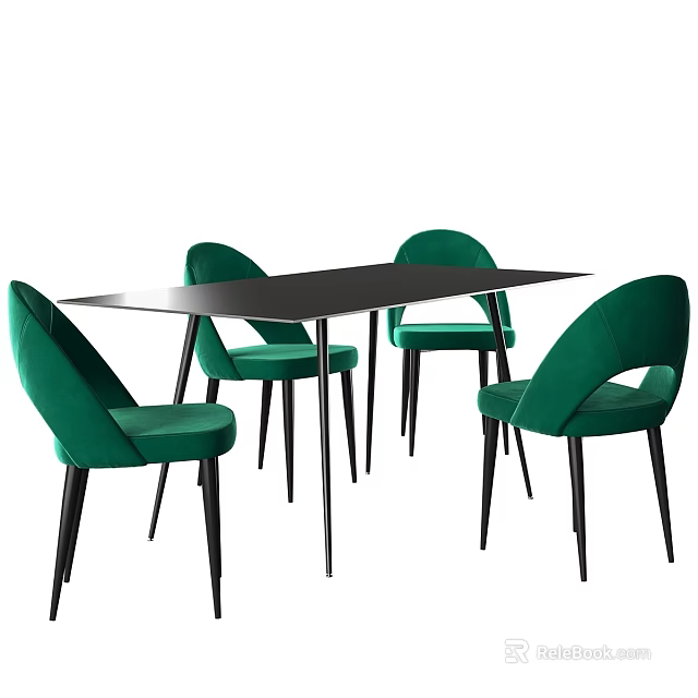 Modern Rectangular Black Dining Table And Green Velvet Chairs With Black Legs 3d model