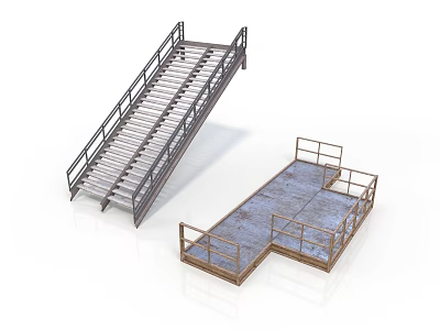 Industrial Stairs And Platform Design With Metal Railings And Wooden Steps 3d model
