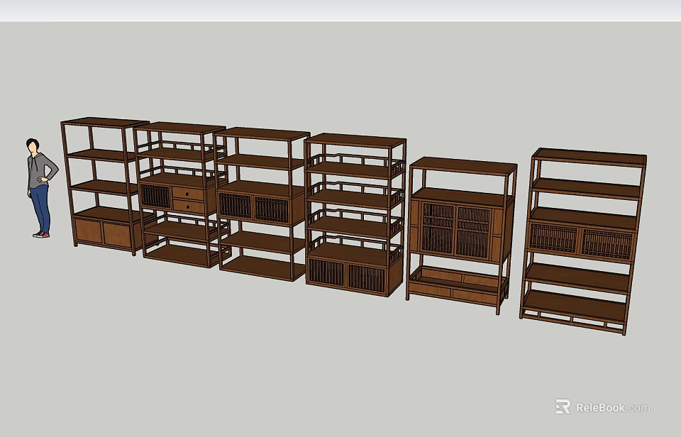 Traditional Chinese Style Wooden Curio Shelves with Multi Tiered Display Spaces and Decorative Designs 3d model 