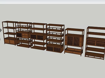 Traditional Chinese Style Wooden Curio Shelves with Multi Tiered Display Spaces and Decorative Designs 3d model