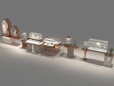 Elegant Jewelry Store Interior With Glass Display Cases And Wooden Podiums 3d model