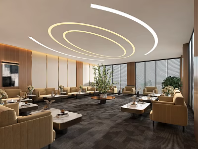 Modern Comfortable Hotel Public Lounge Area With Circular Lighting Green Plants And Large Windows 3d model