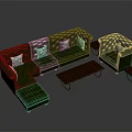Green L shaped Sofa With White Cushions And Wooden Coffee Table Set With Metal Legs