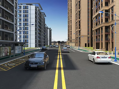 Urban Road Infrastructure With Traffic Lanes Street Lamps Bus Stop And High Rise Buildings 3d model