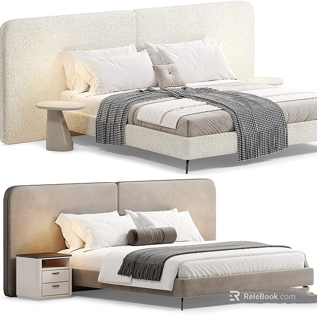 Modern Bedroom Bed With Elegant Headboard Soft Pillows Blanket And Nightstand 3d model 