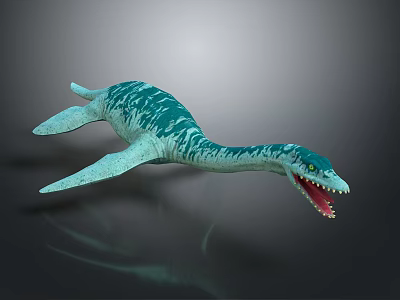 Turquoise Spotted Plesiosaur With Open Mouth Sharp Teeth And Flippers 3D Model On Dark Background 3d model
