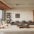 Modern Living Room With Wooden Ceiling Beams Gray Sofa Brick Wall And Wooden Coffee Table
