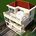 Detached Villa With Yellow Exterior Red Roof Dome And Double Garage White Columns Green Plants