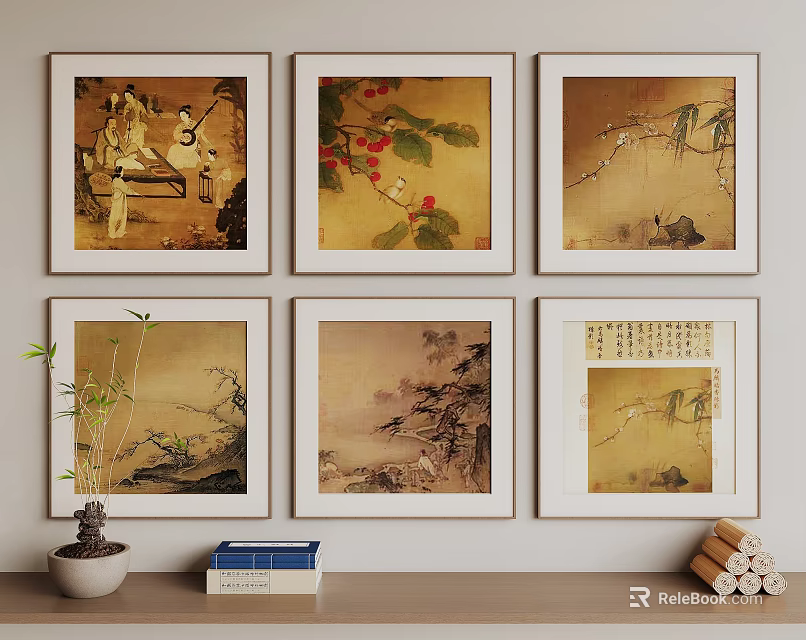 Chinese Traditional Paintings Framed Wall Decor With Classical Elements Green Plant Books And Scrolls 3d model