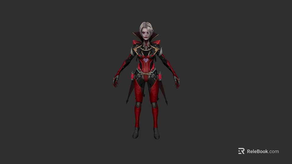 Game Movie Female Character In Red And Black Armor With Gold Accents 3d model 