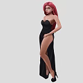 Woman with red hair wearing black strapless long dress with slit and black high heels