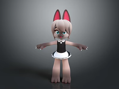 Cute 3D Cartoon Character With Pink Cat Ears Brown Hair Green Eyes And Maid Outfit 3d model
