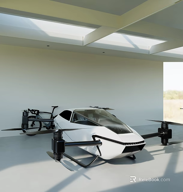 White Flying Car With Four Propellers Parked Indoors By Window And Green Landscape 3d model 