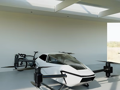 White Flying Car With Four Propellers Parked Indoors By Window And Green Landscape 3d model