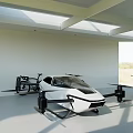 White Flying Car With Four Propellers Parked Indoors By Window And Green Landscape