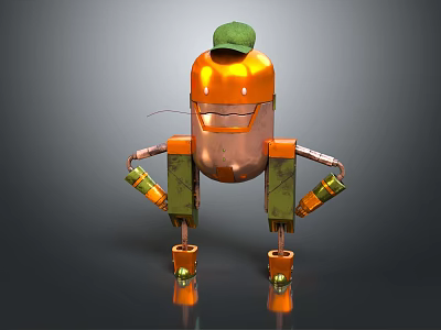 Orange Metallic Robot Character Wearing Green Cap With Mechanical Arms And Legs 3d model
