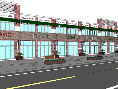 Vibrant Commercial Street With Brick Buildings Green Awnings Shop Signs Benches And Flower Planters 3d model
