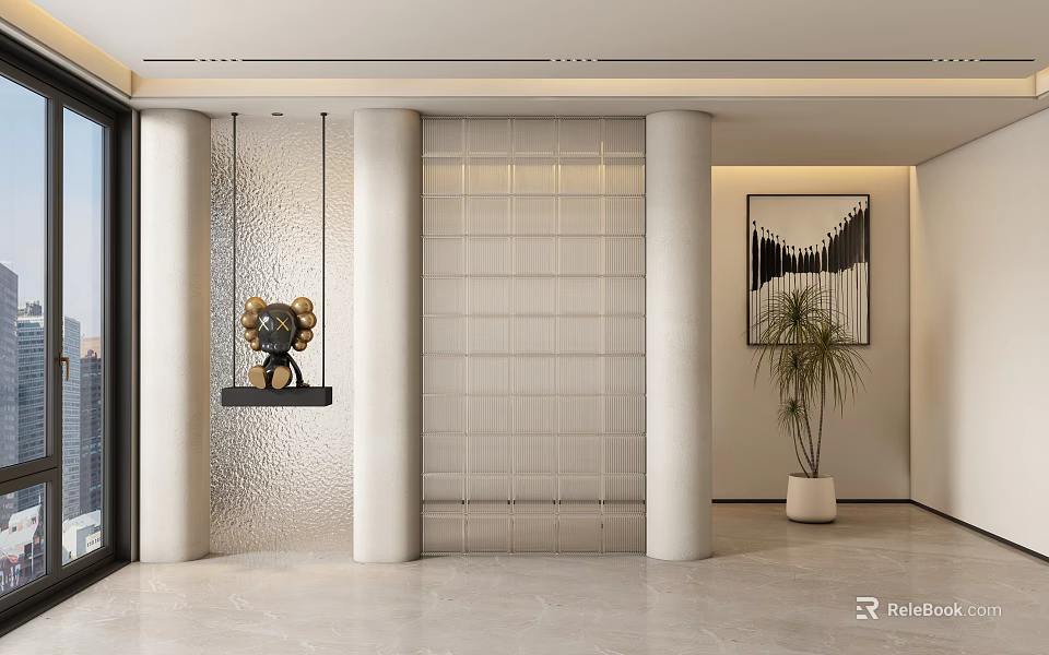 Modern Foyer Hallway With Columns Glass Partition Decorative Sculpture Wall Painting Potted Plant Marble Floor 3d model 