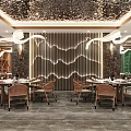 Elegant Luxurious Banquet Hall Interior With Decorative Ceiling Landscape Painting And Round Dining Tables