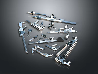 Various Metal Tools Including Wrenches Screwdrivers And Bolts On Surface 3d model