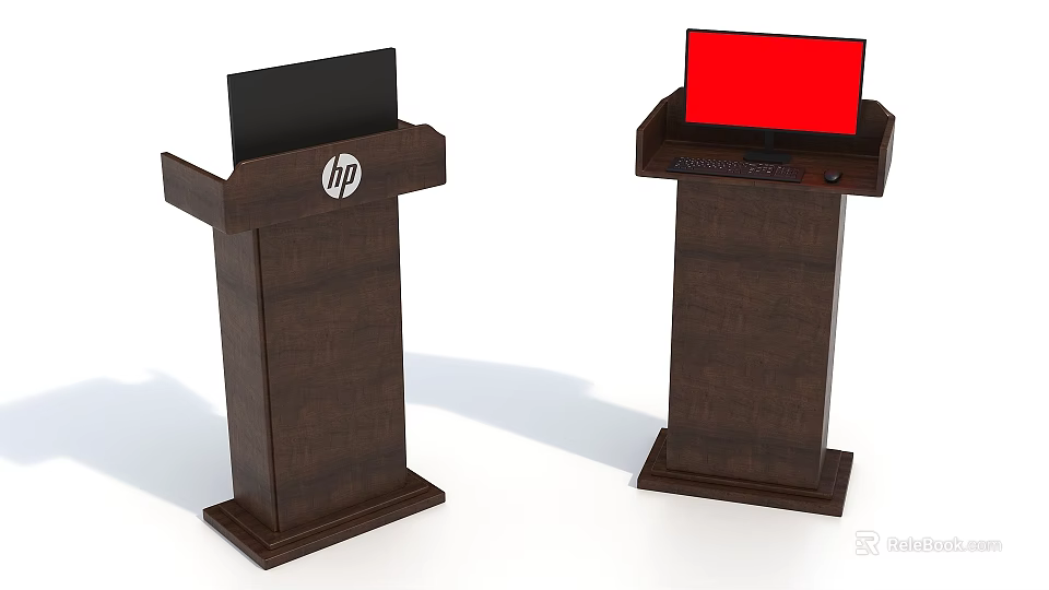 Two Wooden Podiums With HP Logo And Red Screen Display Stand 3d model 