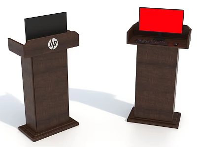 Two Wooden Podiums With HP Logo And Red Screen Display Stand 3d model