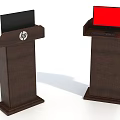 Two Wooden Podiums With HP Logo And Red Screen Display Stand