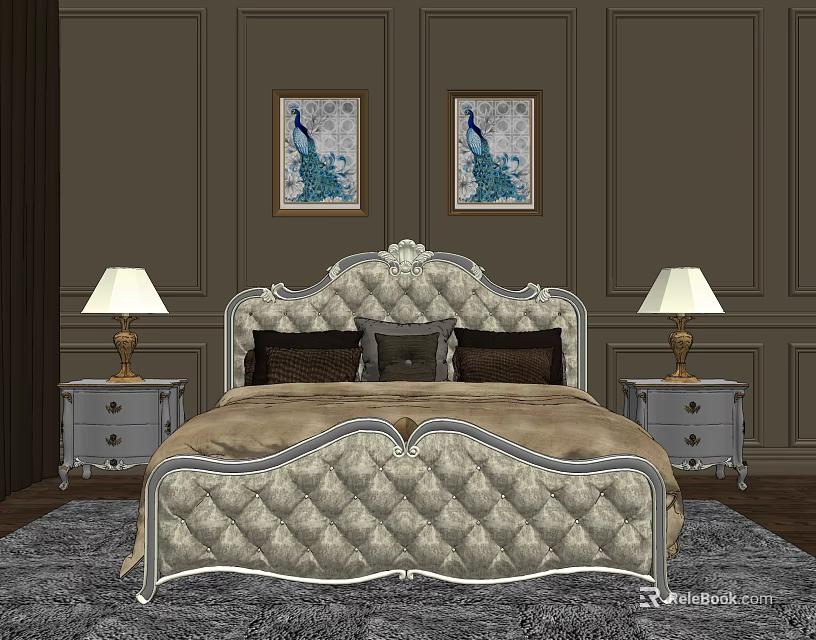 Elegant Double Bed with Carved Diamond Tufted Headboard Nightstands Table Lamps and Peacock Paintings 3d model 