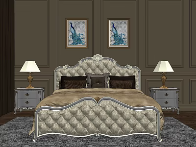 Elegant Double Bed with Carved Diamond Tufted Headboard Nightstands Table Lamps and Peacock Paintings 3d model
