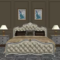 Elegant Double Bed with Carved Diamond Tufted Headboard Nightstands Table Lamps and Peacock Paintings
