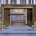 Modern Building Entrance Gate With Glass Doors Metal Frame And Landscaped Garden