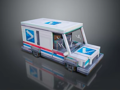 Pixel Art Bus With White Body Blue Red Stripes And Transparent Windows 3d model