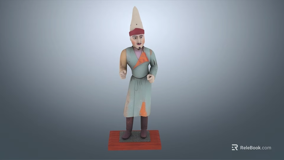 Hand Carved Human Figure Sculpture With Conical Hat Green Orange Robe And Red Wooden Base 3d model 