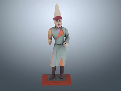 Hand Carved Human Figure Sculpture With Conical Hat Green Orange Robe And Red Wooden Base 3d model