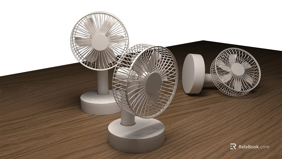 Three White Portable Air Cooler Fans With Simple Design On Wooden Table 3d model 