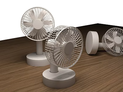 Three White Portable Air Cooler Fans With Simple Design On Wooden Table 3d model