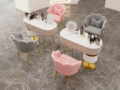 Luxury Dressing Table Design With Pink Grey Chairs Gold Legs Mirror And Cosmetics 3d model
