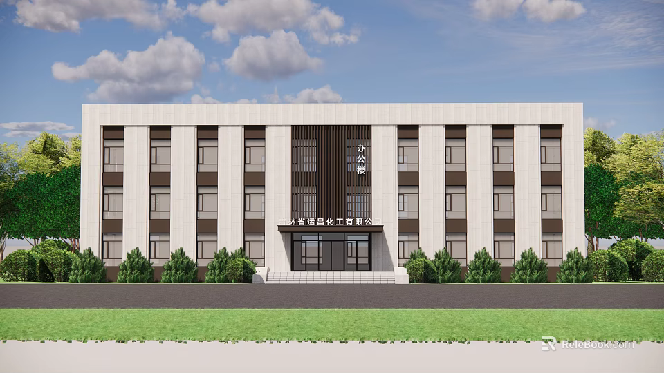 Modern Office Building With White Facade Multiple Windows And Front Green Plants 3d model