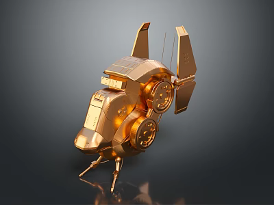 Golden Futuristic Mechanical Robot With Winged Structure Circular Components And Leg Supports 3d model