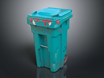 Blue Outdoor Trash Can With Red Graffiti White Figure And Wheels 3d model