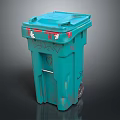 Blue Outdoor Trash Can With Red Graffiti White Figure And Wheels